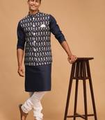 Navy Blue, Black And White Cotton Blend Jacket, Kurta And Pyjama Set