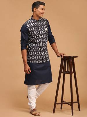Navy Blue, Black And White Cotton Blend Jacket, Kurta And Pyjama Set 2