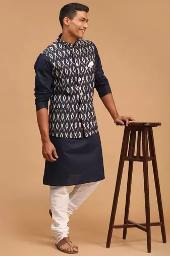 Navy Blue, Black And White Cotton Blend Jacket, Kurta And Pyjama Set