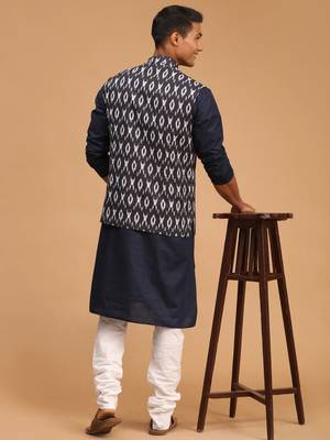 Navy Blue, Black And White Cotton Blend Jacket, Kurta And Pyjama Set 3