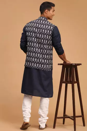 Navy Blue, Black And White Cotton Blend Jacket, Kurta And Pyjama Set
