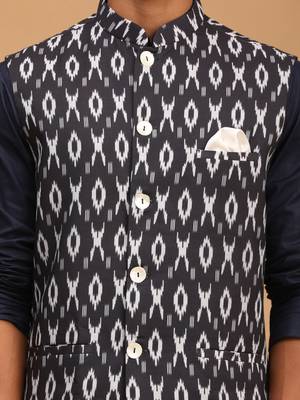 Navy Blue, Black And White Cotton Blend Jacket, Kurta And Pyjama Set 4