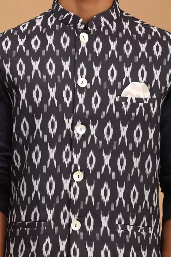 Navy Blue, Black And White Cotton Blend Jacket, Kurta And Pyjama Set