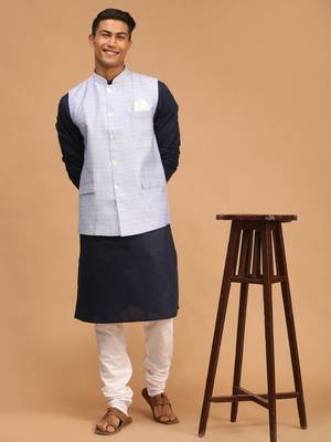 Blue And White Cotton Blend Jacket, Kurta And Pyjama Set 1