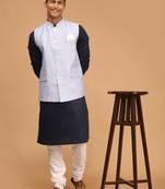 Blue And White Cotton Blend Jacket, Kurta And Pyjama Set