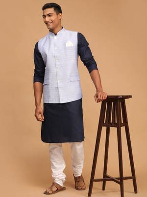 Blue And White Cotton Blend Jacket, Kurta And Pyjama Set 2