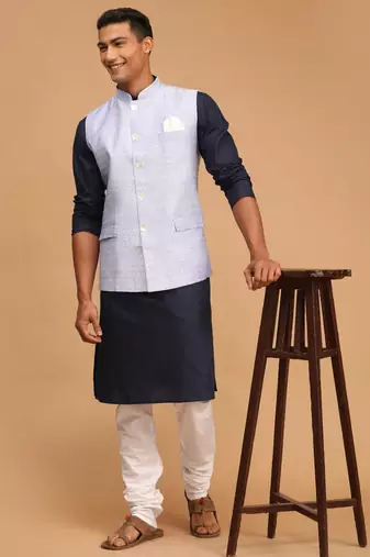 Blue And White Cotton Blend Jacket, Kurta And Pyjama Set