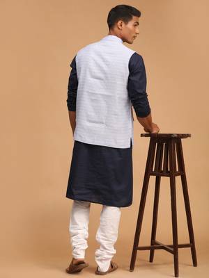 Blue And White Cotton Blend Jacket, Kurta And Pyjama Set 3