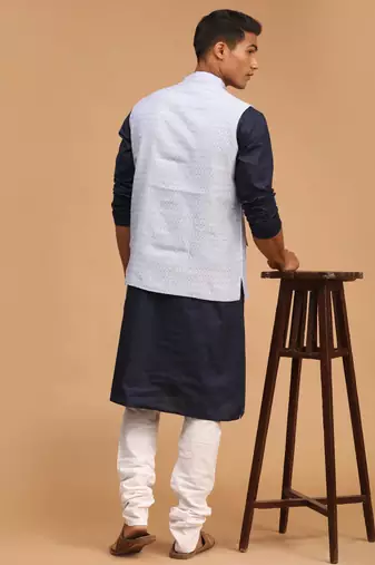 Blue And White Cotton Blend Jacket, Kurta And Pyjama Set
