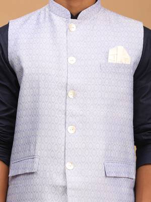 Blue And White Cotton Blend Jacket, Kurta And Pyjama Set 4
