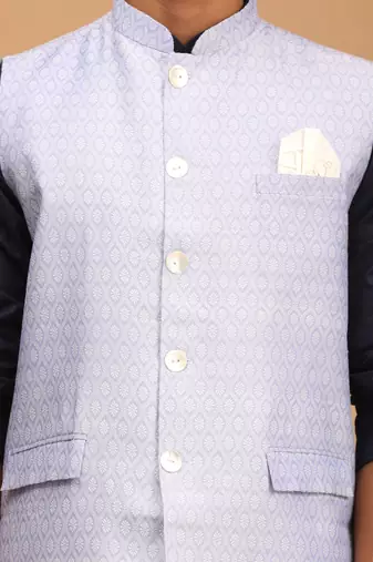Blue And White Cotton Blend Jacket, Kurta And Pyjama Set