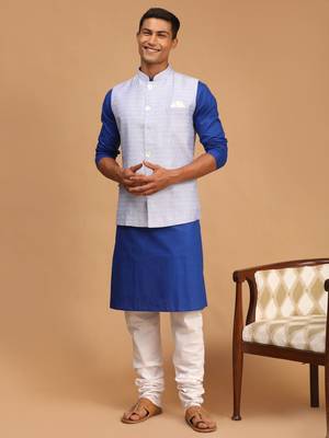 Blue And White Cotton Blend Jacket, Kurta And Pyjama Set 1
