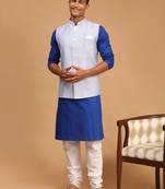 Blue And White Cotton Blend Jacket, Kurta And Pyjama Set