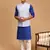 Blue And White Cotton Blend Jacket, Kurta And Pyjama Set