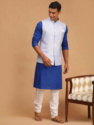 Blue And White Cotton Blend Jacket, Kurta And Pyjama Set 2