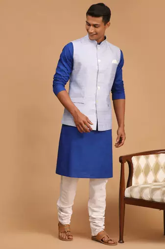 Blue And White Cotton Blend Jacket, Kurta And Pyjama Set