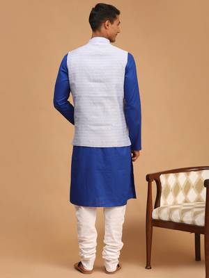 Blue And White Cotton Blend Jacket, Kurta And Pyjama Set 3