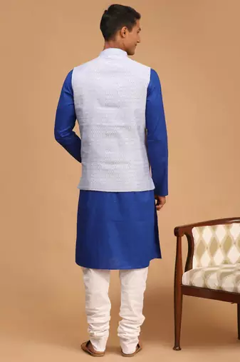 Blue And White Cotton Blend Jacket, Kurta And Pyjama Set