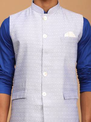 Blue And White Cotton Blend Jacket, Kurta And Pyjama Set 4