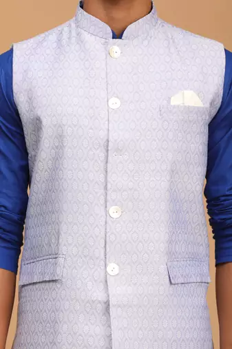 Blue And White Cotton Blend Jacket, Kurta And Pyjama Set