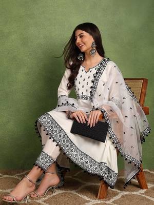 women white silk blend embroidered thread work a-line kurta trouser with dupatta 1