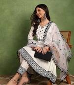 women white silk blend embroidered thread work a-line kurta trouser with dupatta
