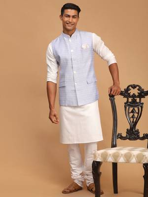 Men'S Blue And White Cotton Blend Jacket, Kurta And Pyjama Set 1