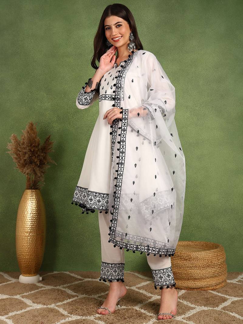 women white silk blend embroidered thread work a-line kurta trouser with dupatta