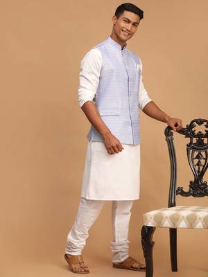 Men'S Blue And White Cotton Blend Jacket, Kurta And Pyjama Set 2