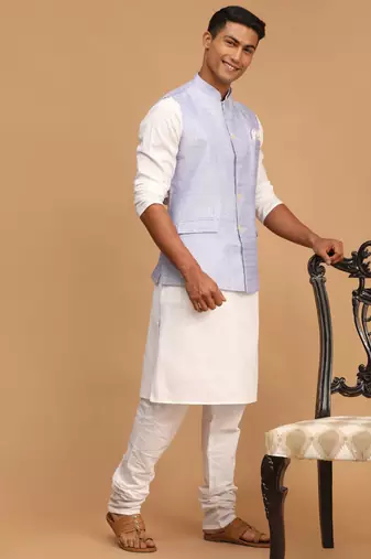Men'S Blue And White Cotton Blend Jacket, Kurta And Pyjama Set