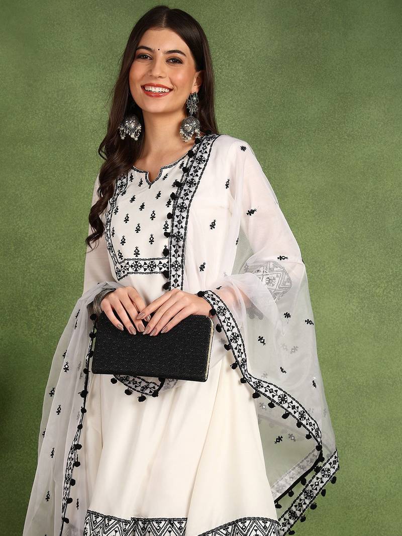 women white silk blend embroidered thread work a-line kurta trouser with dupatta