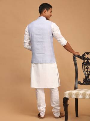 Men'S Blue And White Cotton Blend Jacket, Kurta And Pyjama Set 3