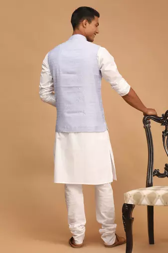 Men'S Blue And White Cotton Blend Jacket, Kurta And Pyjama Set