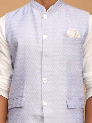 Men'S Blue And White Cotton Blend Jacket, Kurta And Pyjama Set 4