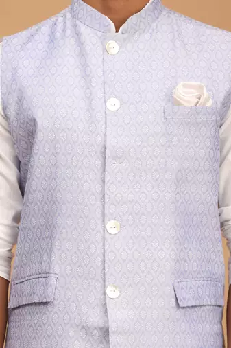Men'S Blue And White Cotton Blend Jacket, Kurta And Pyjama Set