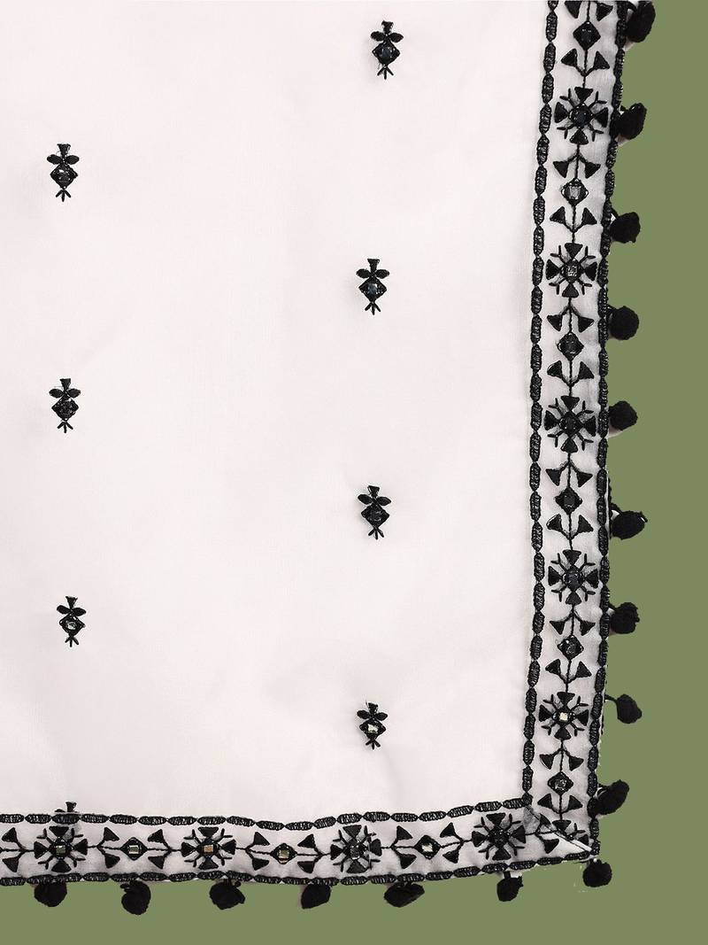 women white silk blend embroidered thread work a-line kurta trouser with dupatta