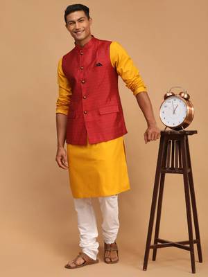 Mustard, Maroon And White Cotton Blend Jacket, Kurta And Pyjama Set 1