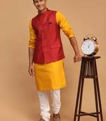 Men'S Mustard, Maroon And White Cotton Blend Jacket, Kurta And Pyjama Set