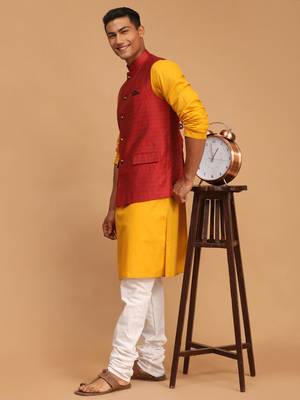 Mustard, Maroon And White Cotton Blend Jacket, Kurta And Pyjama Set 2