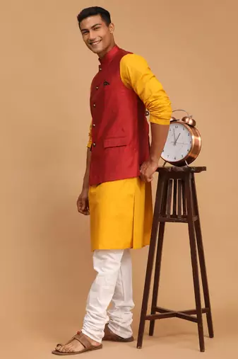 Mustard, Maroon And White Cotton Blend Jacket, Kurta And Pyjama Set