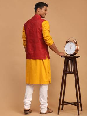 Mustard, Maroon And White Cotton Blend Jacket, Kurta And Pyjama Set 3