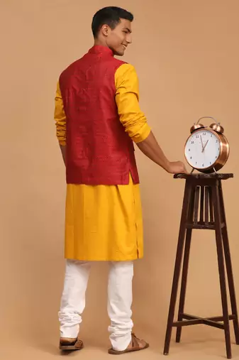 Mustard, Maroon And White Cotton Blend Jacket, Kurta And Pyjama Set