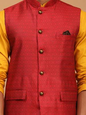 Mustard, Maroon And White Cotton Blend Jacket, Kurta And Pyjama Set 4