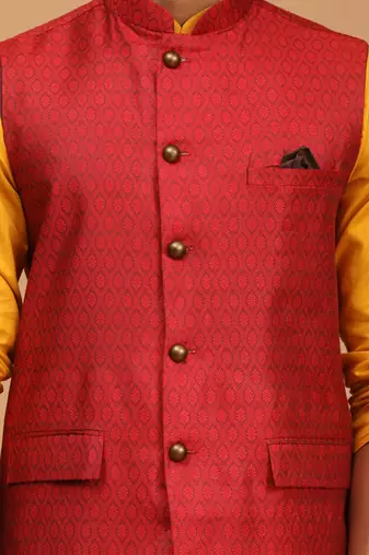 Mustard, Maroon And White Cotton Blend Jacket, Kurta And Pyjama Set