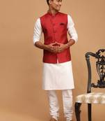 Men'S Maroon And White Cotton Blend Jacket, Kurta And Pyjama Set