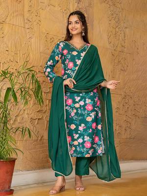 women green rayon blend floral printed straight kurta trousers with dupatta 1