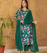 women green rayon blend floral printed straight kurta trousers with dupatta