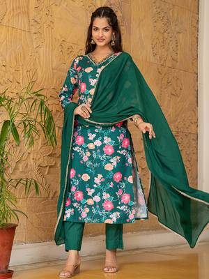 women green rayon blend floral printed straight kurta trousers with dupatta 3