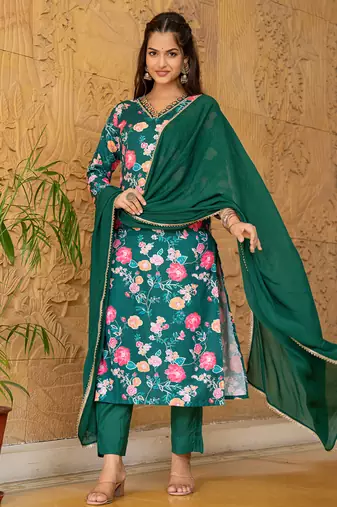 women green rayon blend floral printed straight kurta trousers with dupatta