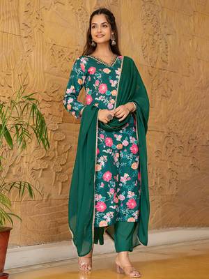 women green rayon blend floral printed straight kurta trousers with dupatta 4